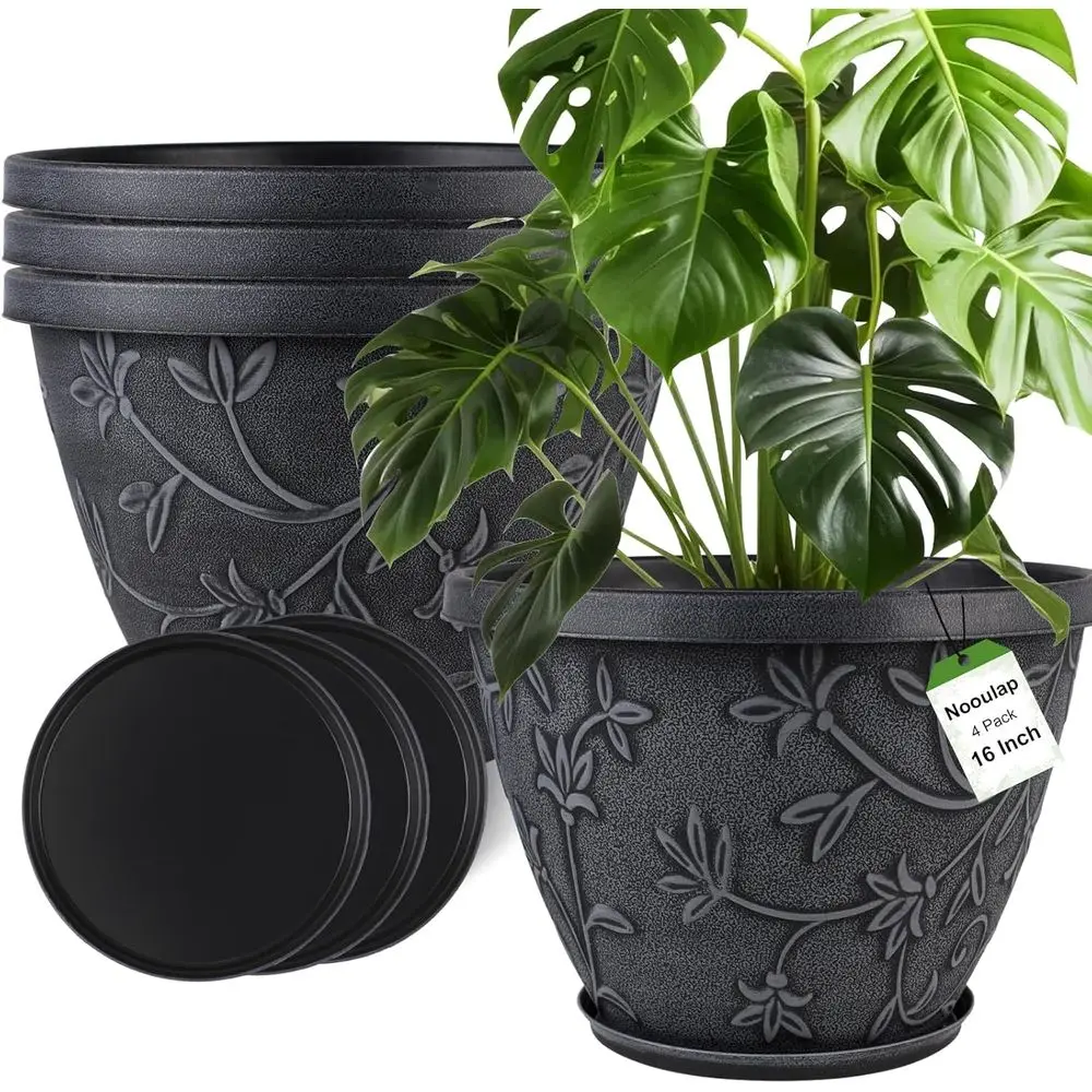 

4 Pack 16 Inch Large Plastic Plant Pots with Drainage Holes and Saucers, Suitable for Indoor and Outdoor Use, Gray Decorative Ma