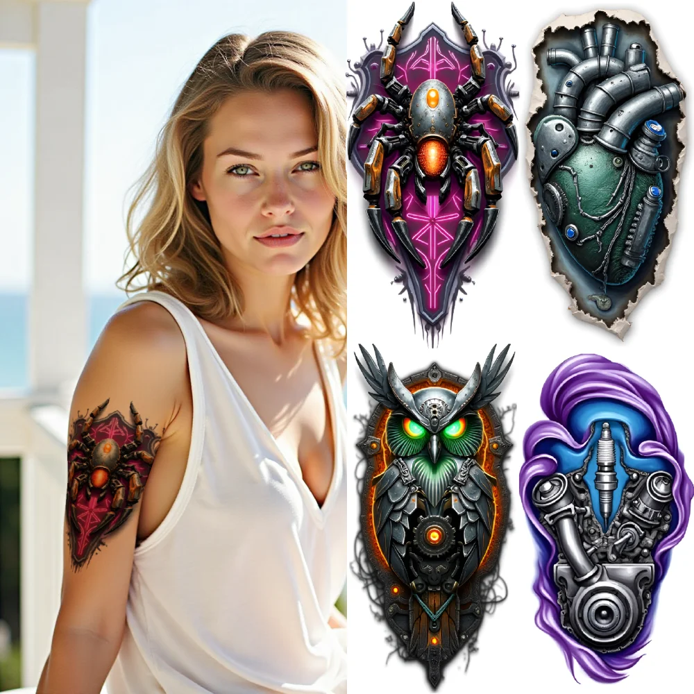 

3pcs Temporary Tattoo Waterproof Long-lasting Body Stickers Abstract Spider Cybernetic Owl Cyber Serpent For Thighs Men Women