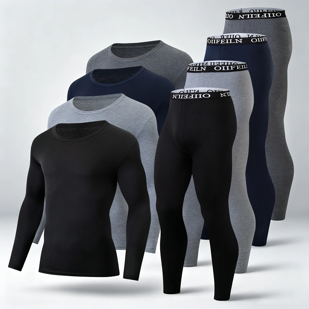 2-piece Men's Autumn And Winter Solid Color Casual Warm Underwear Set Round Neck Long Sleeved Top, Letter Elastic Waist Pants