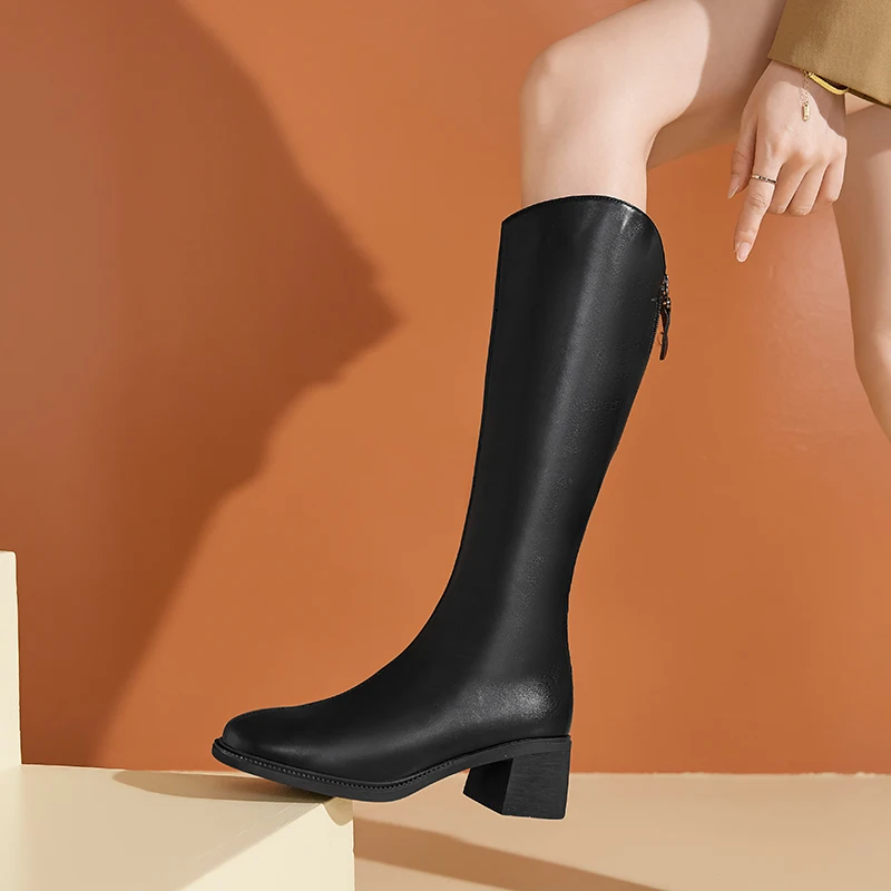 

XiangXiangLi Длинные сапоги-трубы с меховой внутренней частью, простые женские сапоги, теплая и стильная повседневная обувь на толстом каблуке