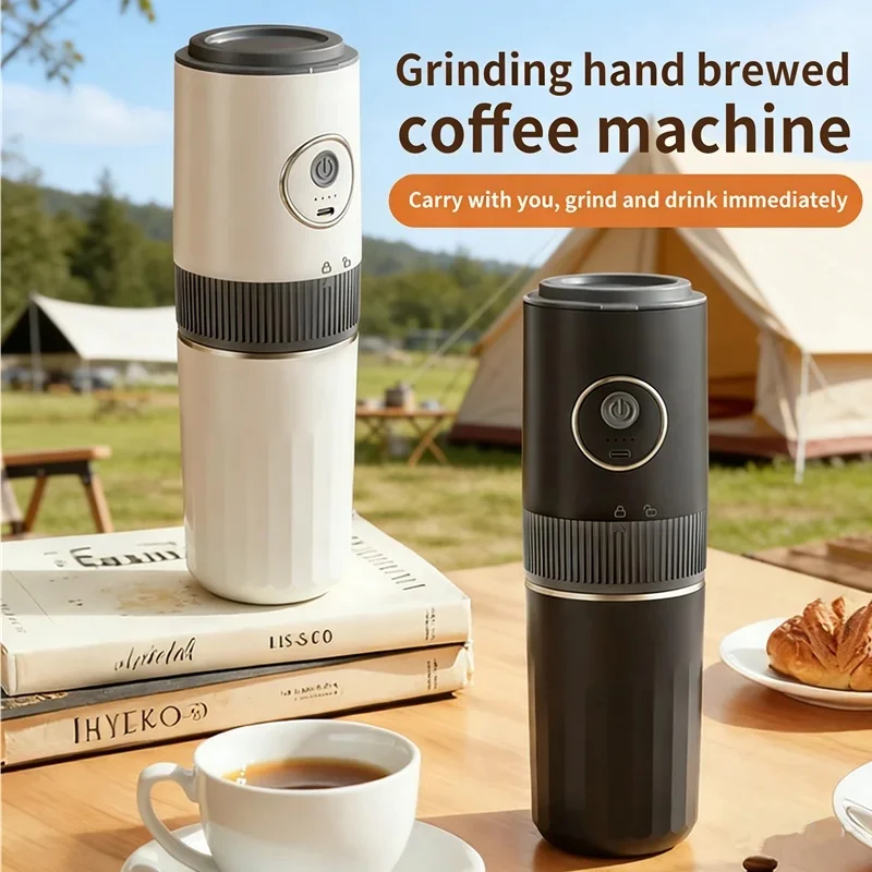 ポータブルワイヤレス屋外用キャンプコーヒーマシン。2-in-1の豆挽き機能付き手動式コーヒーメーカー。コンパクトなエスプレッソメーカーで、キャンプに最適。