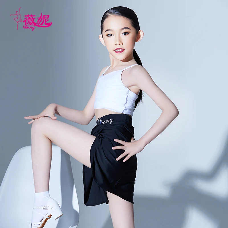 베니 라틴 댄스 드레스 여아용 화이트 메쉬 스파게티 스트랩 탑 패셔너블 공연 및 연습복