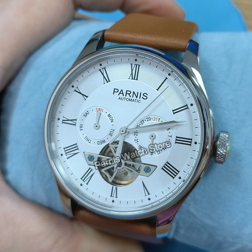 Parnis 43 mm Reserva de energía automática Reloj para hombre Volano Esfera blanca Correa de cuero genuino