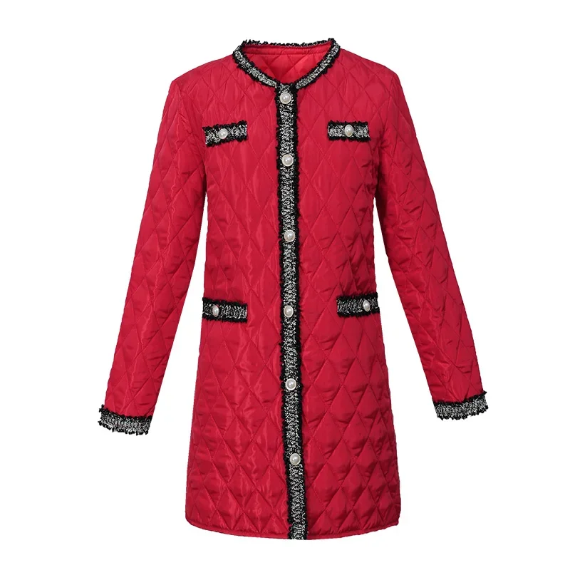 Abrigo largo de invierno de algodón para mujer, Parka holgada coreana tejida con entramado rómbico, chaqueta fina, prendas de vestir exteriores cálidas y ajustadas