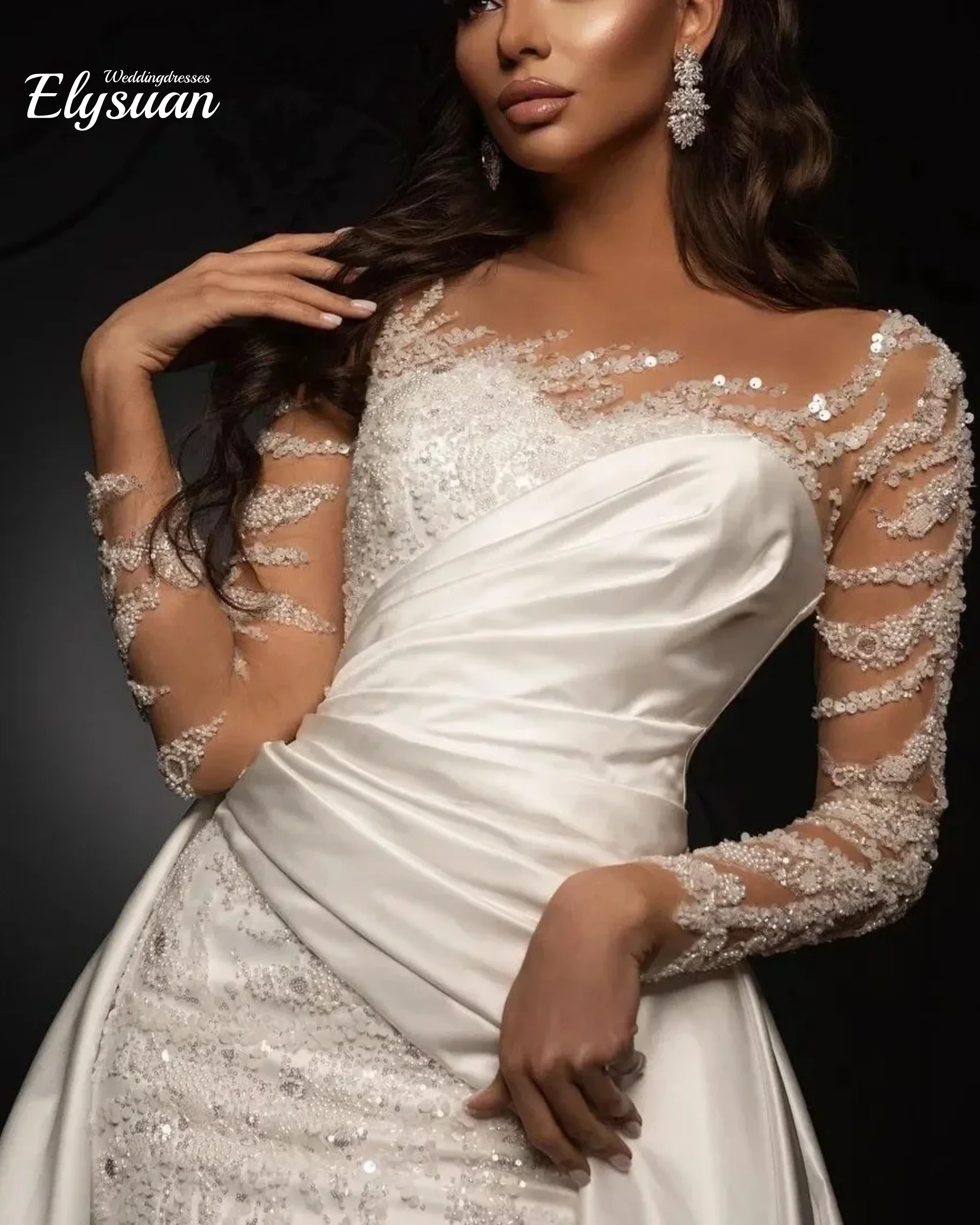 Customized Sheer Neck Shinny Beads Sequins Mermaid Wedding Dresses For Bride Long Sleeves Bridal Gowns with Removable Skirt 2026