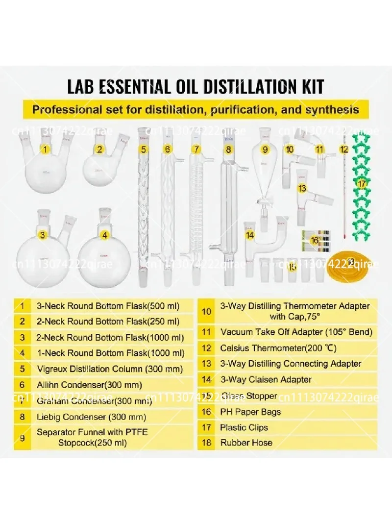 32pcs Distillation Kit 1000ml Essential Oil Extraction Apparatus with 24/40 Joint Glassware Set