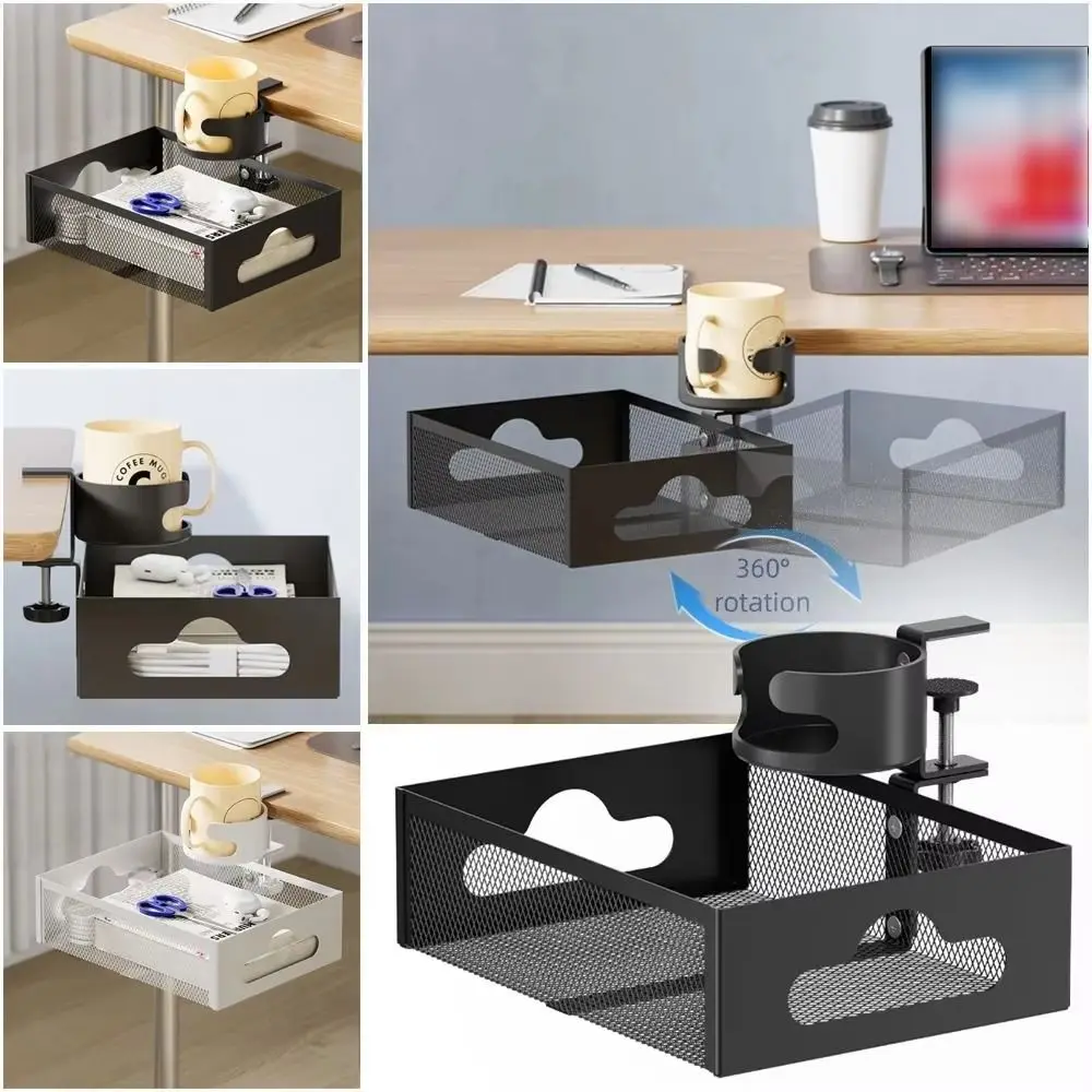 360 Degree Rotating Under Desk Storage Rack No Drill Carbon Steel Desktop Stationery Shelf with Cup Holder Multifunctional