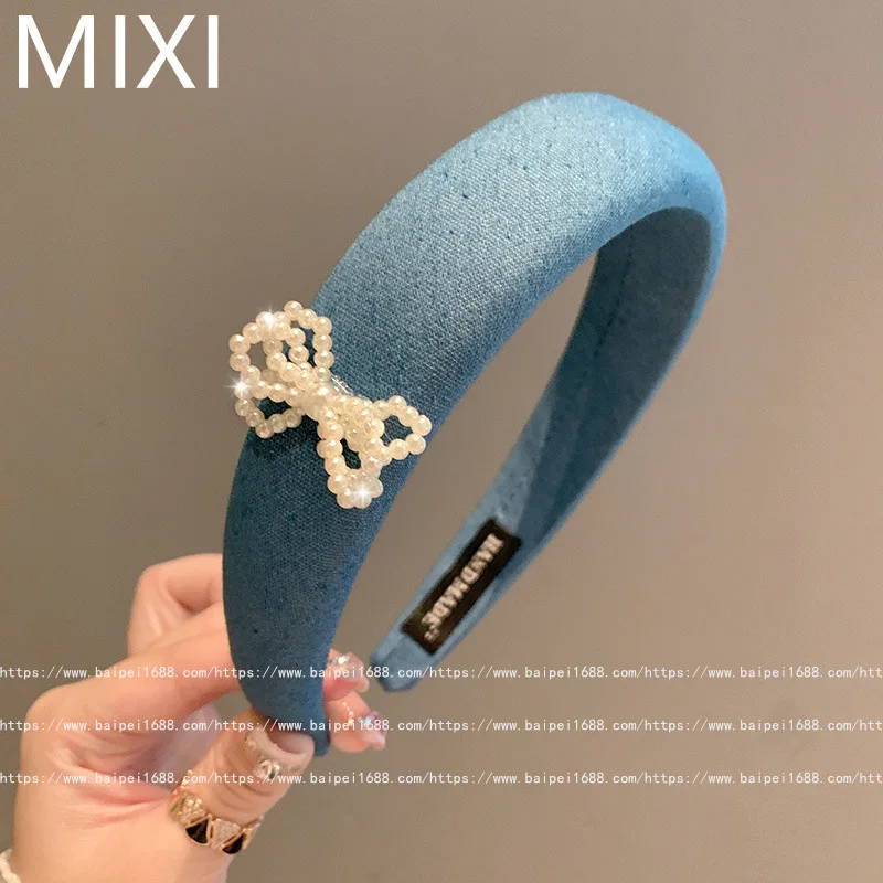 

Cowboy Blue Pearl Bow women's Hair Hoop Small Fragrant Wind for women Fabric Hair Accessories Hair Clips Wide Edge Headband