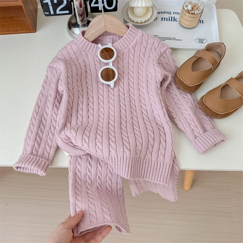 Fashion Girl\'s Sweater Suit Korean Round Neck Knitted Top + Drawstring Slim Pants Two Piece Set for Girls 2024 Spring New