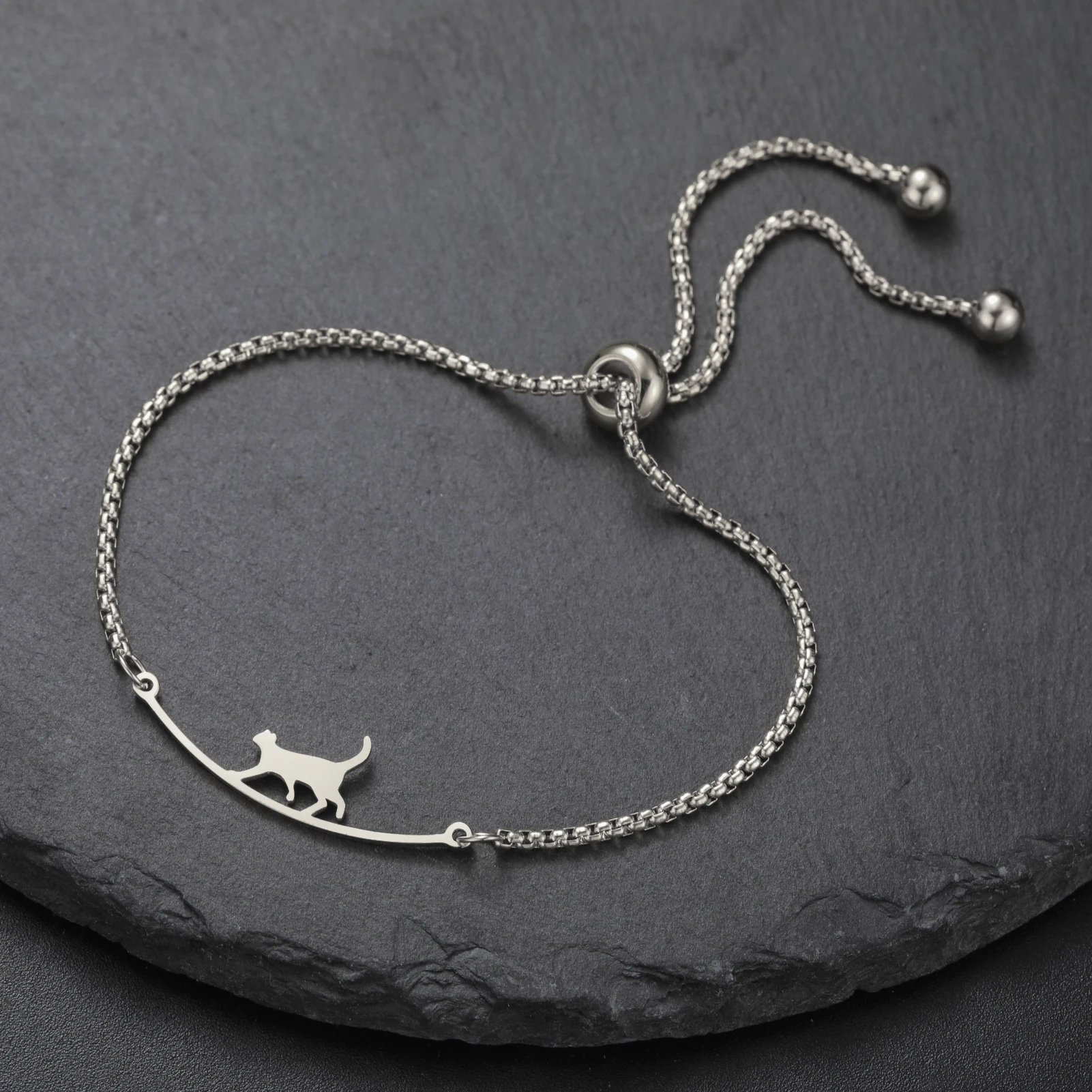 Stainless Steel Cat Charm Bracelets Lying Walking Cat Yarn Ball Kitten Pendant Adjustable Women Jewelry Bijoux wholesale