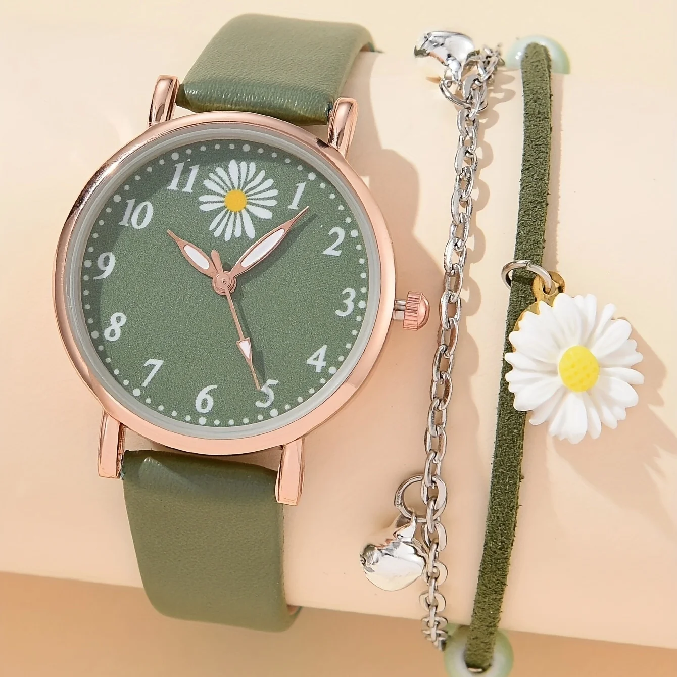 1pc Round Pointer Quartz Watch Cute Daisy Charm Electronic Wristwatch With PU Leather Strap & 1pc Bracelet, Best Gift For Her