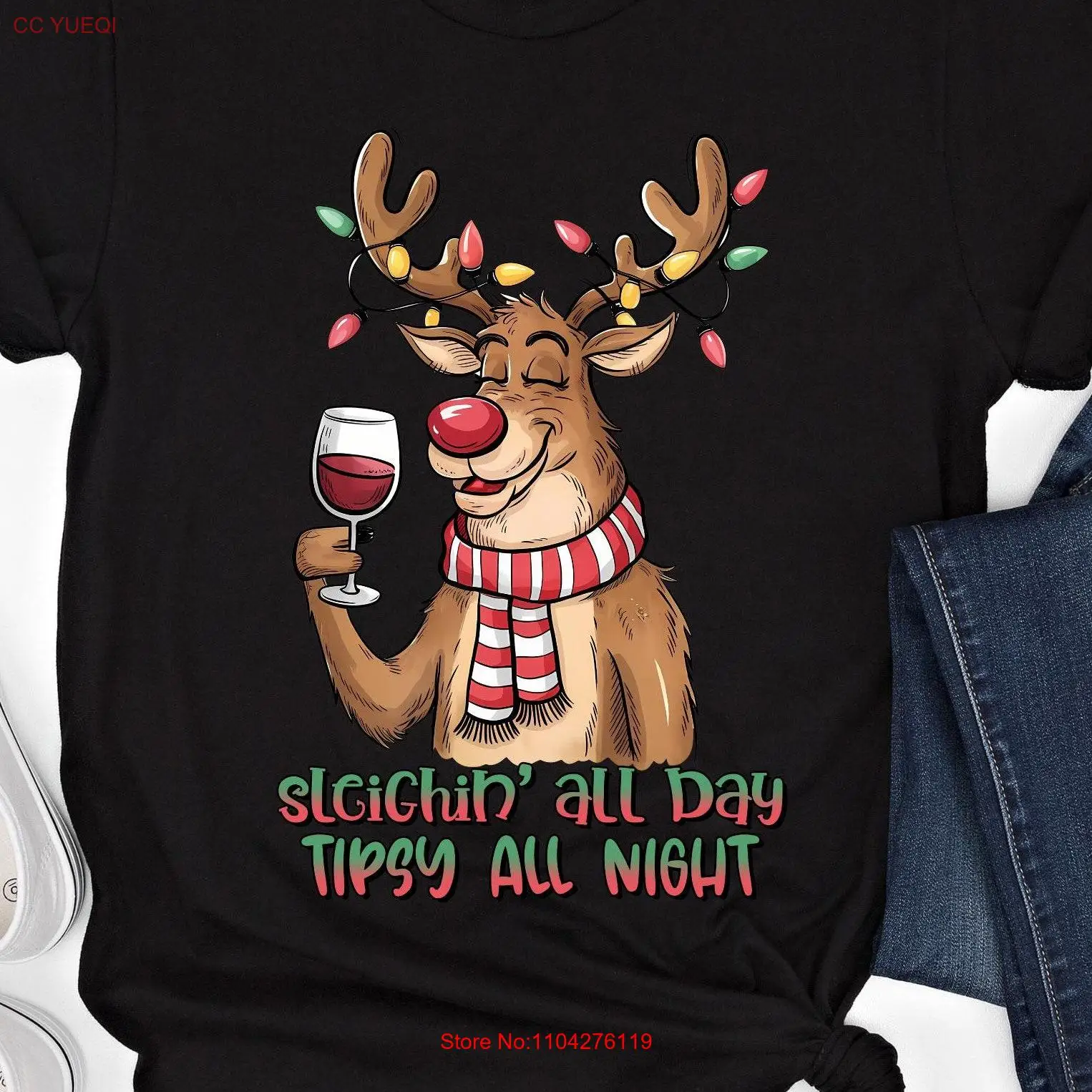 Camiseta de vino de Navidad, suéter divertido de reno bebiendo dulce, suéter de cristal rojo, fiesta, trineo, todo el día, noche de puntas