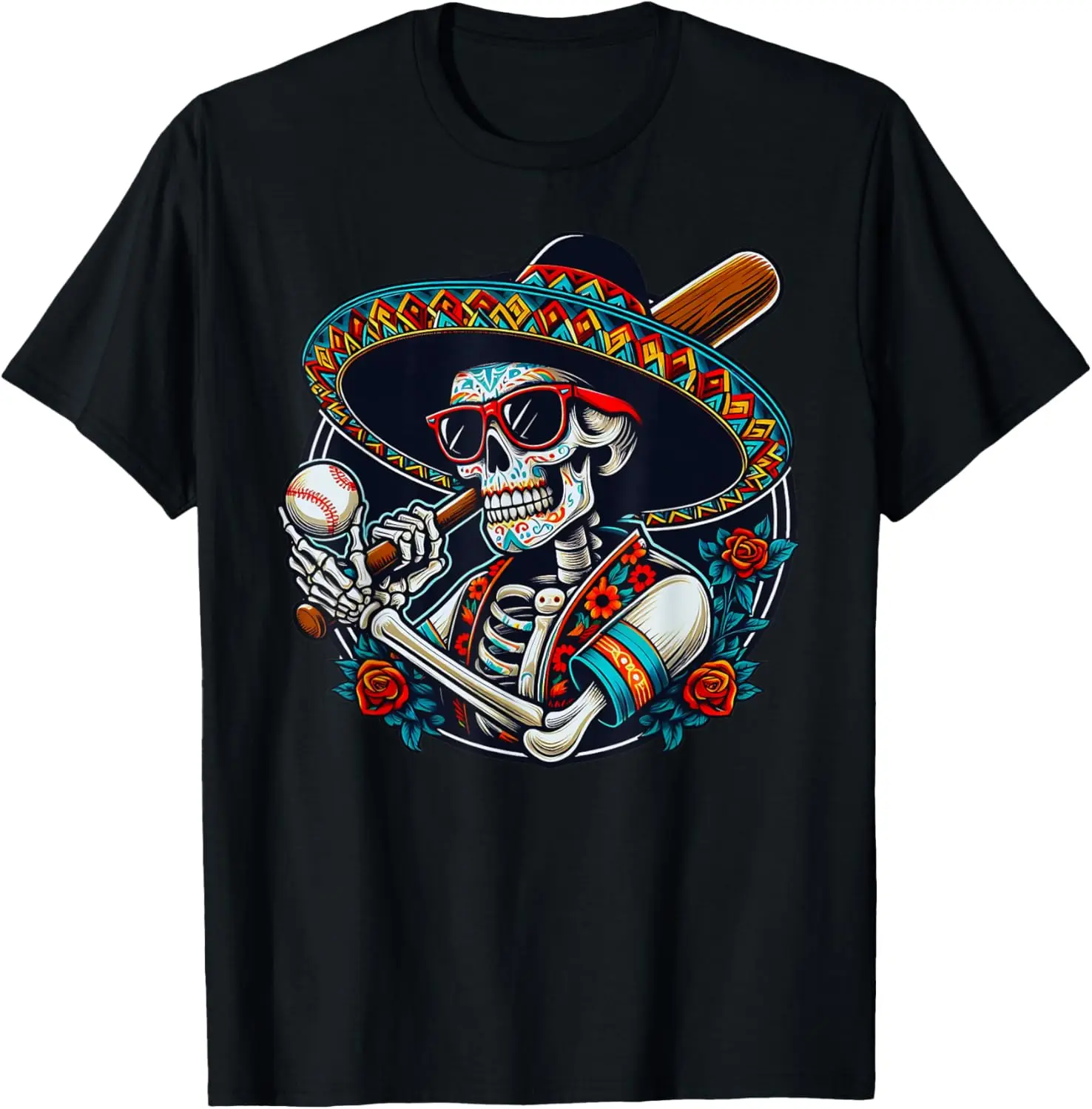 

Funny Baseball Skeleton Mexican Sombrero Cool Cinco De Mayo T-Shirt