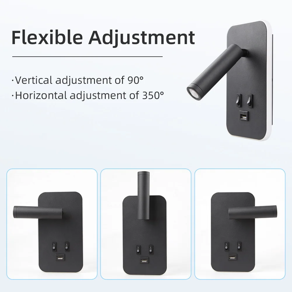 Reading Wall Lamp with USB 13W Rotatable Bedside Wall Light Double Switch LED Bedroom Spot Lights