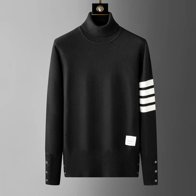 Luxury brand men\'s high neck knitted sweater popular autumn winter fashion striped design Korean style boutique casual pullover