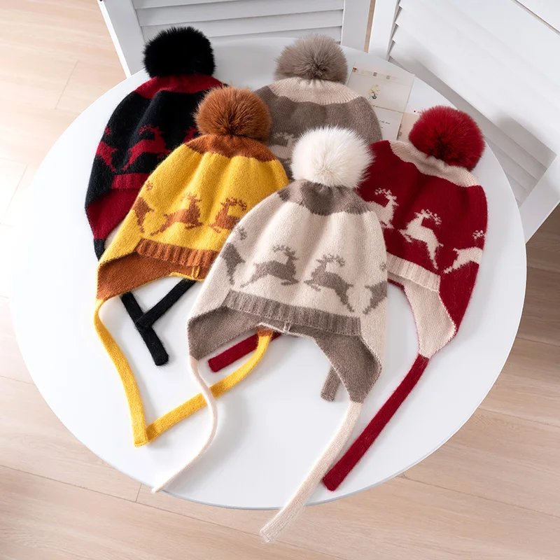 

2025 Autumn/Winter Children's Caps For Boys And Girls Cashmere Warm ear Protection Cute Cartoon Knitted Pom Pom outdoor Warm