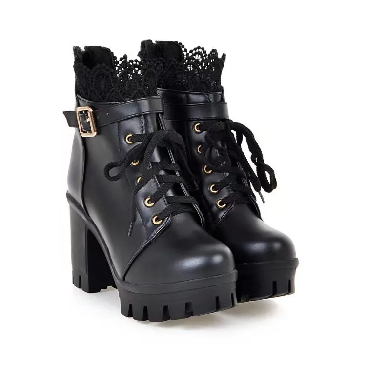 Autumn and Winter Short Boots Large High Heels Thick Heels Lace Lace Strap Back Zipper Thick Bottom Waterproof Platform Women's