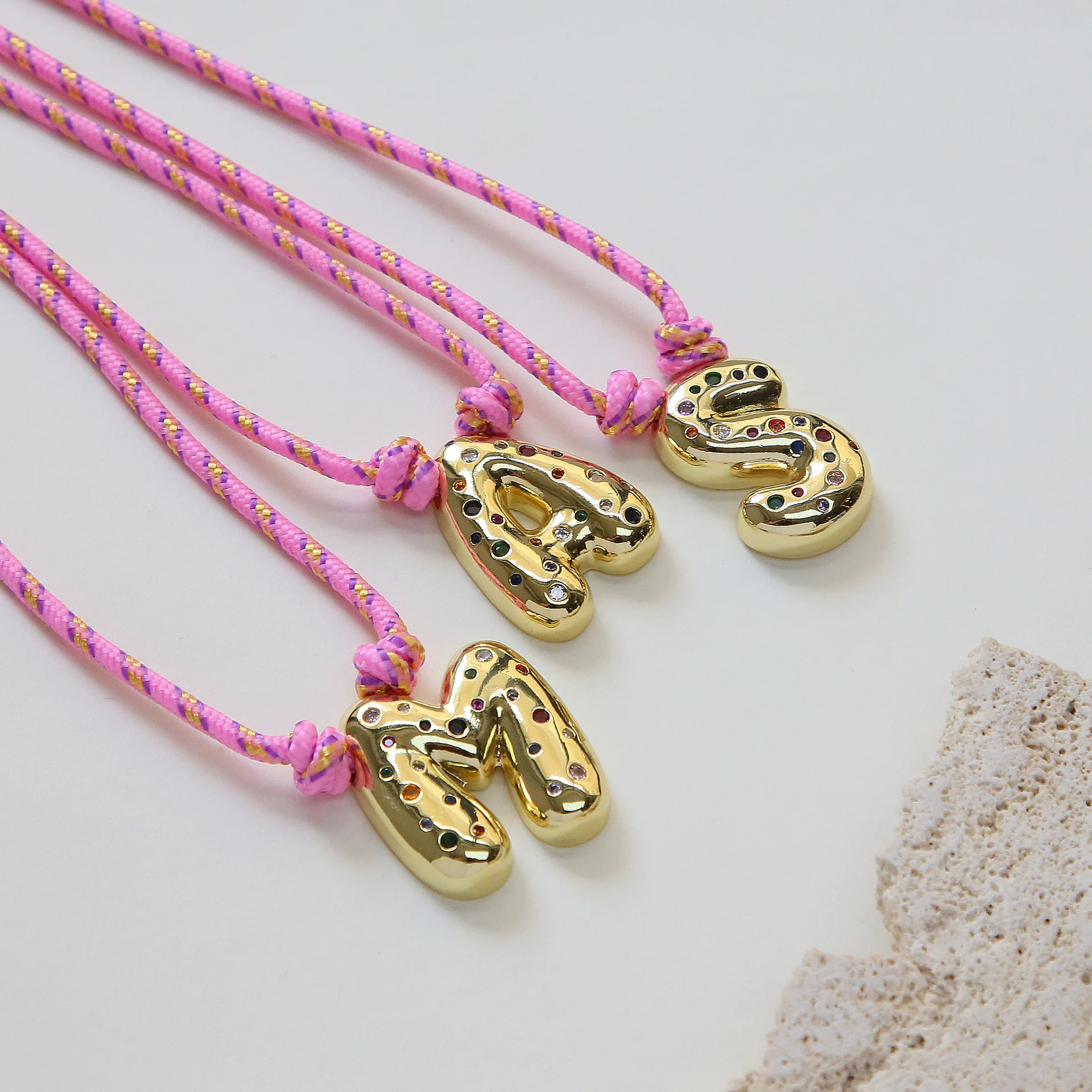 Colorful Cubic Zirconia Chunky Bubble Letter Pendant Necklace for Women Fashion Pink Rope Chain 18K Gold Plated Jewelry Gift view 5