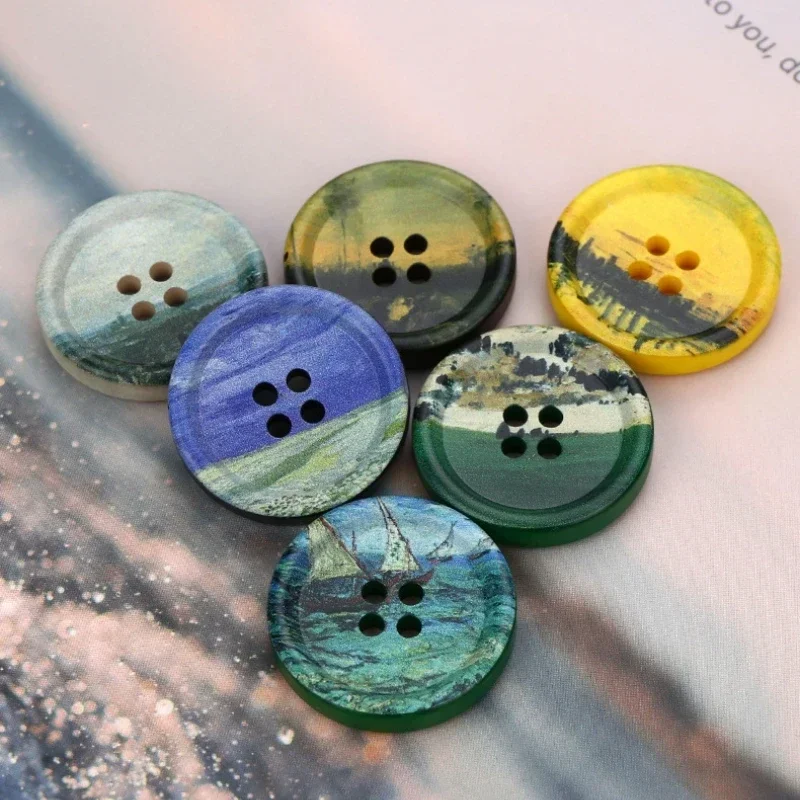 10Pcs Oil Painting Style Resin DIY Buttons for Clothing Four Eye Button Overcoat Suit Decoration Sewing Accessory