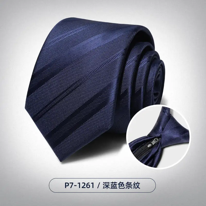 High Quality New Navy Blue Tie Men's Zipper 7cm Formal Business Korean Narrow Free Stripe Vintage Hand Playing Academic Style