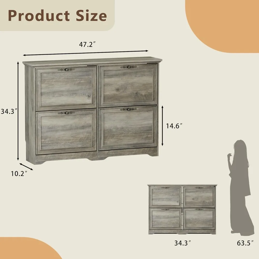 

Large Shoe Cabinet for Entryway, 4 Flip Drawer Organizer with Adjustable Shelves, Wooden Slim Shoe Storage Cabinet, Customized