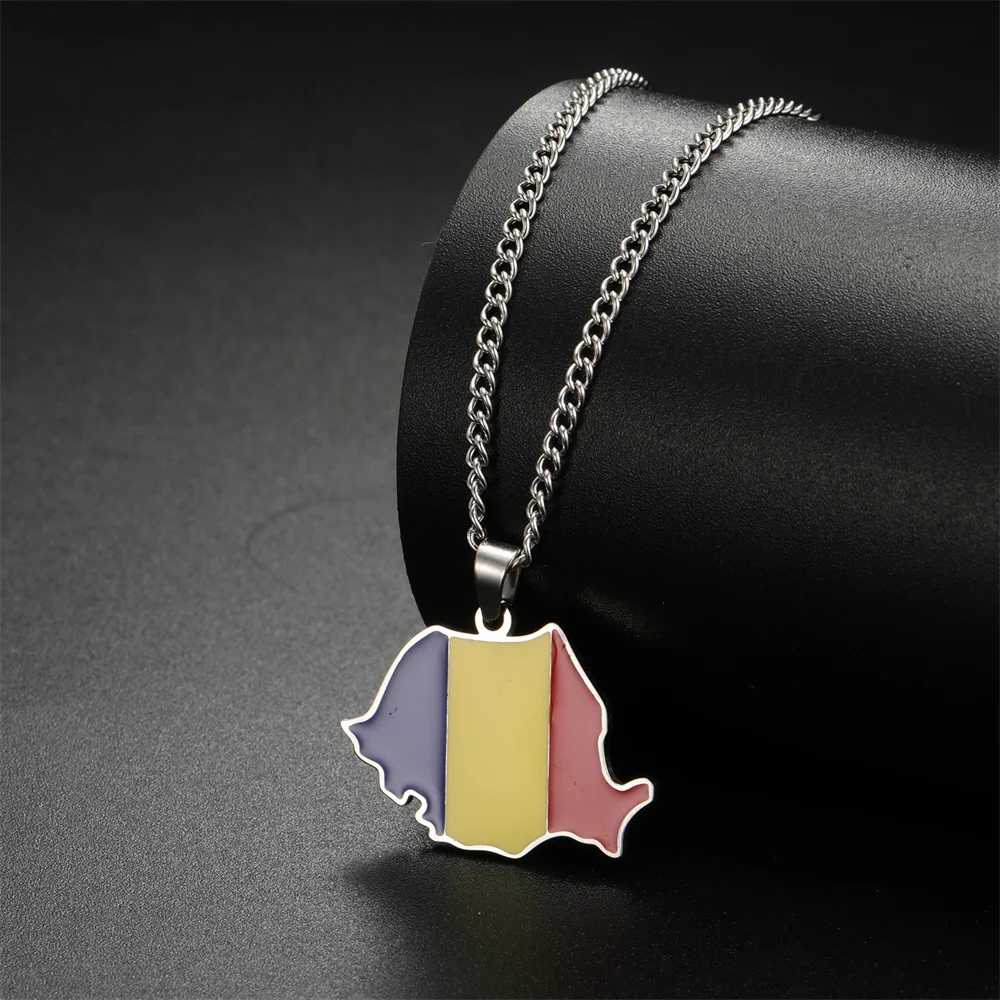 EUEAVAN Emaille Rumänien Karte Halskette Frauen Männer Edelstahl Trendy Rumänische Flagge Anhänger Ketten Halsband Ethnische Schmuck Geschenke – Detail 5