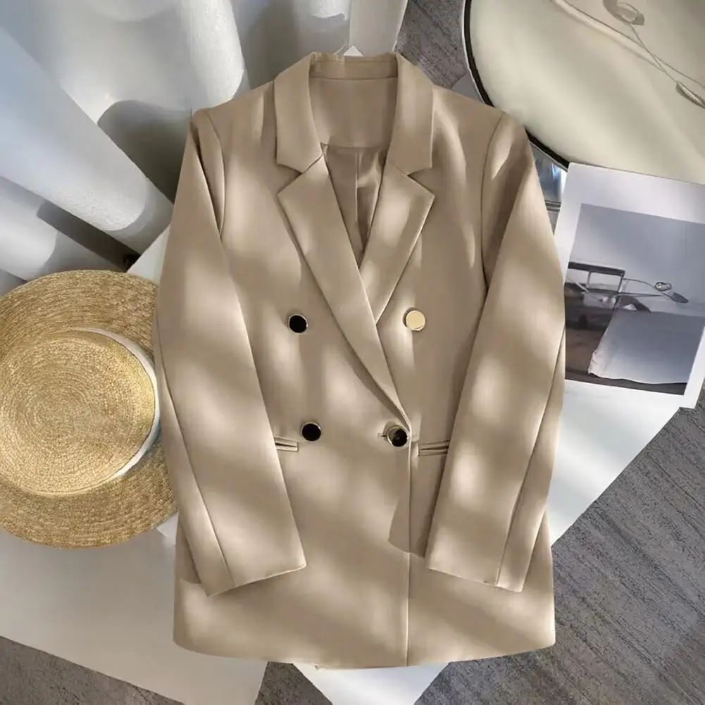 Women Suit Jacket Business Outerwear Women’s Business Suit Jacket Mid-length Lapel Coat with Double Placket Long Sleeve Solid