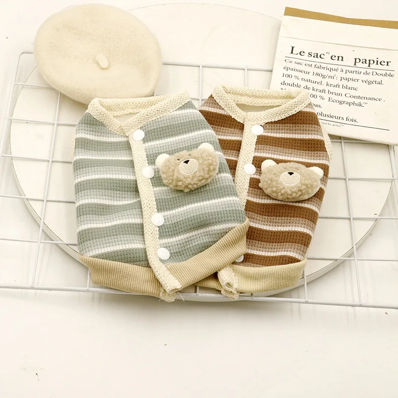 Pet Striped Plush Teddy Bear Brooch Jacket Autumn and Winter Cat Clothes Cat Home Pajamas Puppy Clothes for Small Dogs