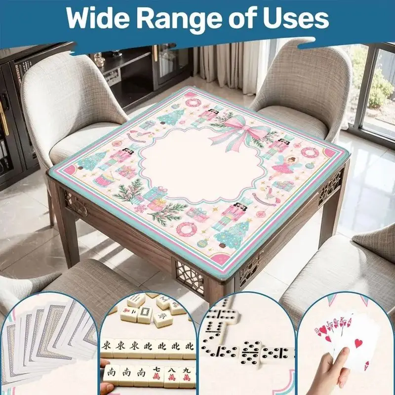 VIKAMA Christmas Mahjong Mat Pink Blue Pine Gift House Bow Teacup Bear Print Soft For Living Room Game Night Family Decor