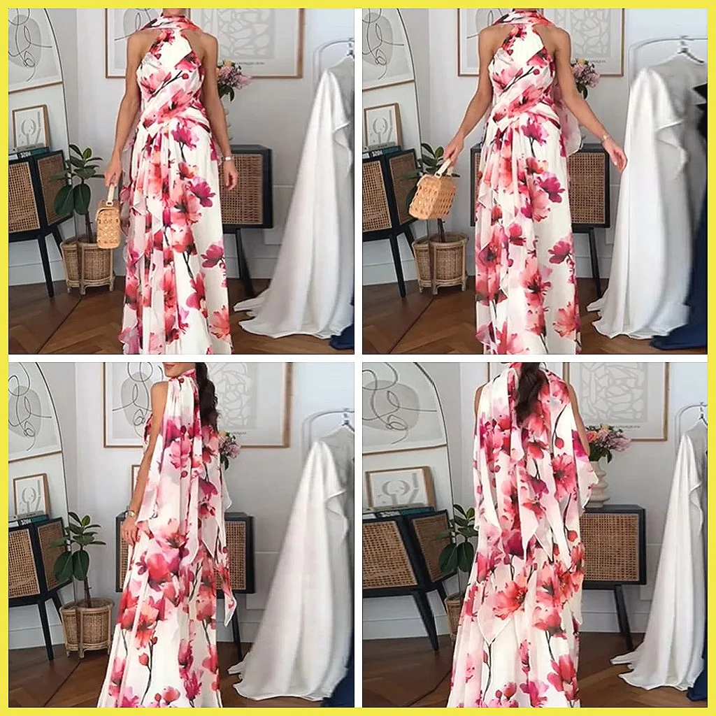 

Chic Floral Print Off-Shoulder Ruffle Maxi Dress for Women, Elegant Sleeveless Party & Holiday Gown