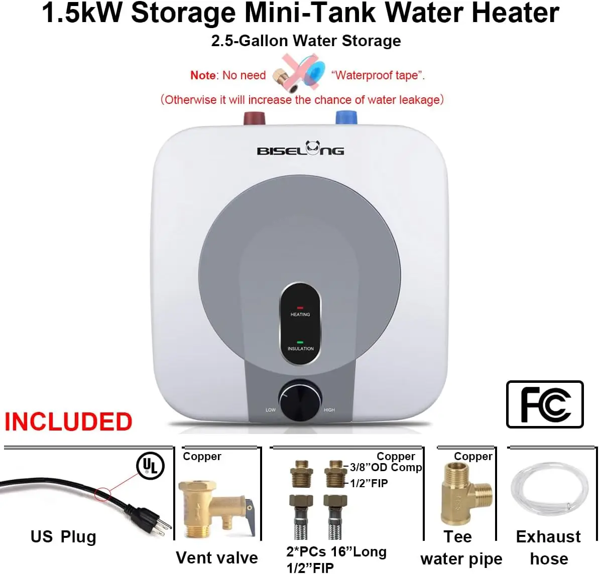 Tanque elétrico do aquecedor de água, 110V a 120V, 1.5kW, pequeno sob pia, contador, RV TR, reboque sem fim, cozinha compacta, quente, 2,5 galões