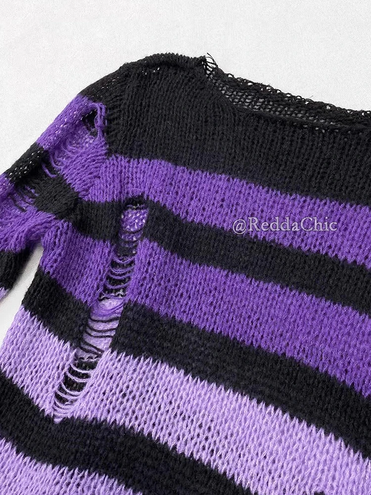 REDDACHiC Maglione strappato a righe sfumate Alt Punk Manica lunga Pullover in maglia strappata extra lunga Top Y2k Retro Autunno Abbigliamento donna