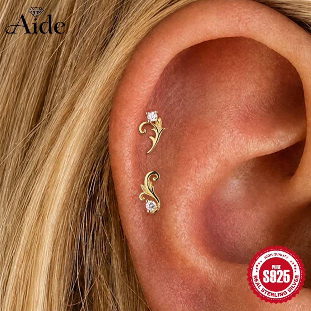 AIDE 1Pc 925 Sterling Silver Classic Grass Pattern Waves Women's 16G Cartilage Helix Flat Back Piercing Earrings Bridal Jewelry
