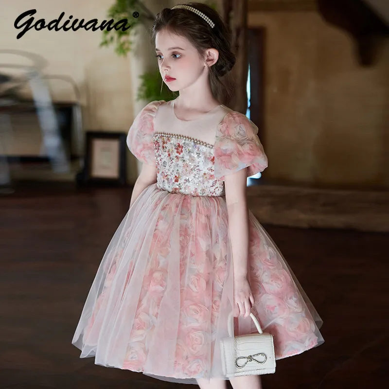 High End Heavy Pink Baby Girls Birthday Princess Gown Kids Luxury Pearls Sequin 2026 New Summer Flower Wedding Performance Dress