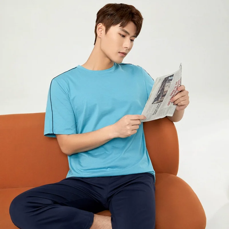 

Men's Summer Cotton Pajamas Two-piece Short-sleeved Trousers High Quality Large Size Loose Sports Home Wear Suit Sleepwear