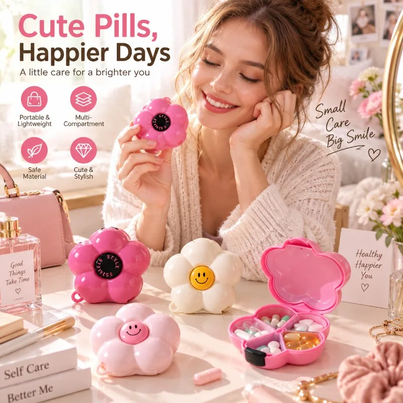 1PCS Cute Flower-Shaped Pill Organizer, Portable Multi-Compartment Storage Case, Travel Container for Vitamins, Tablets, Purse