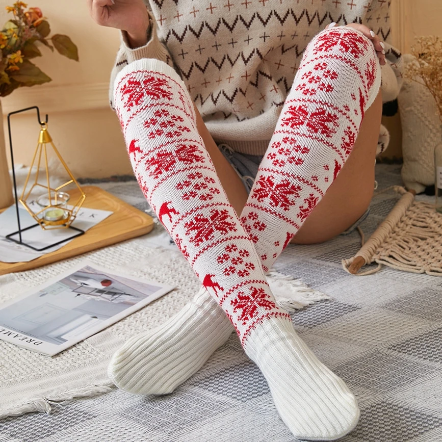 

2025 Autumn Winter Spring New Fashion Casual Christmas Snowflake Deer Woolen Long Socks Knitted Stacked Socks