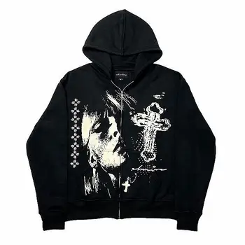 Hoodie de zíper preto solto masculino, American Cross Head Print, moletom de grandes dimensões Harajuku, Y2K Punk, jaqueta de casal japonês, rua, novo