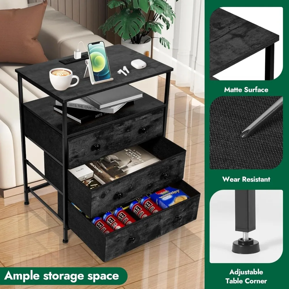 충전 스테이션이 있는 3단 서랍장, 24인치 폭의 LED 나이트 스탠드, 조절 가능한 패브릭 서랍이 있는 나이트스탠드, 수납 공간이 있는 나이트스탠드