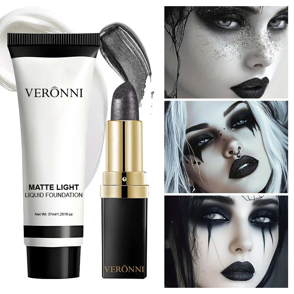 Matte White Liquid Foundation + Black Lipstick Set Goth Halloween Cosplay Full Coverage Foundation Dark Lip Makeup Kit for Face