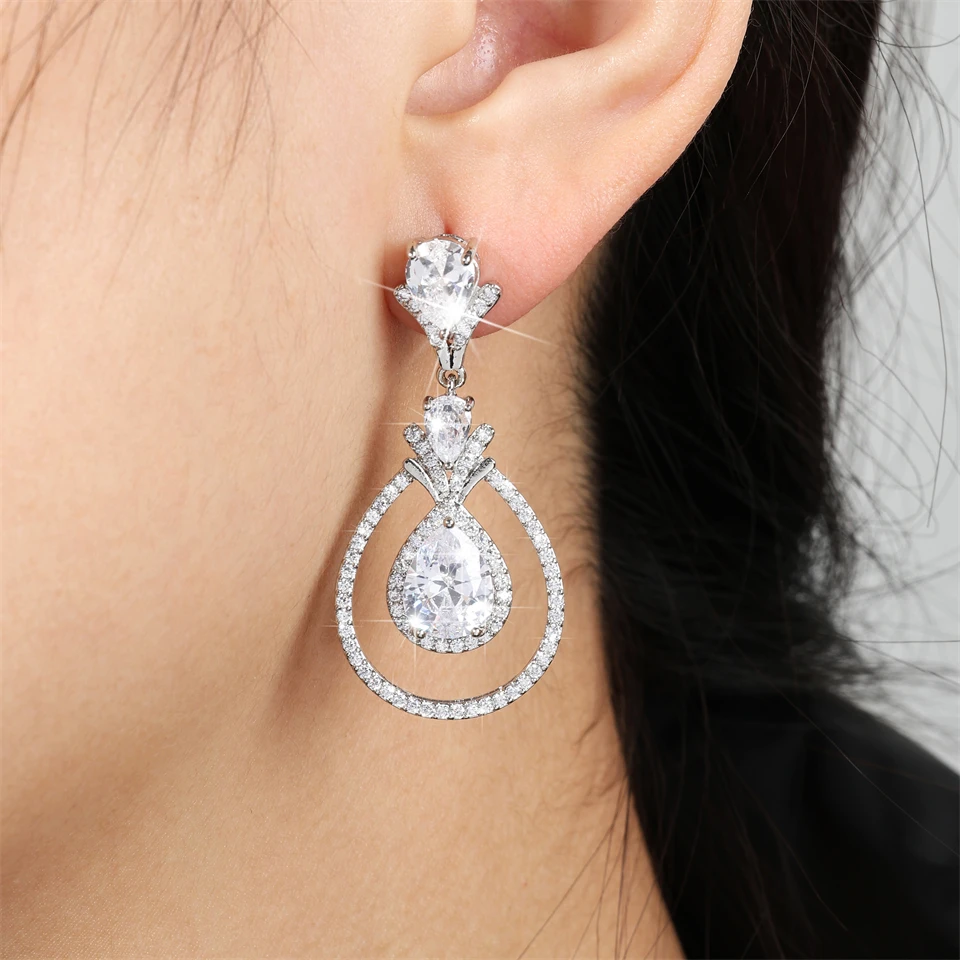 ZAKOL Luxury Geometric Water Drop Zircon Earrings for Bridal Wedding Women\'s Silver Color Party Jewelry