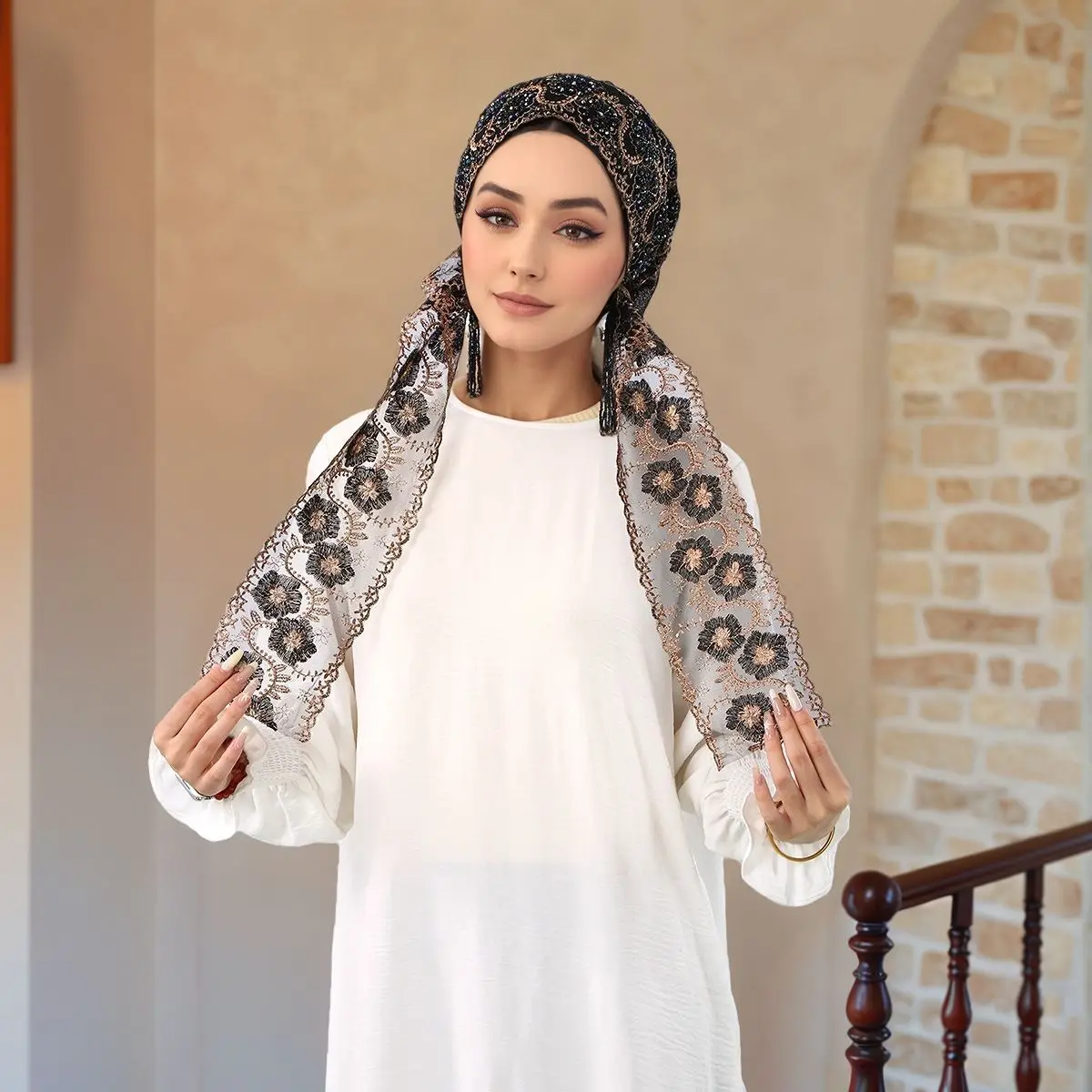 

Ramadan Bead Embroidered Lace Hat Caps Turban Woman Muslim Hijabs Dubai Style Bonnet Gorgeous Party Style Turbante Femme Mujer