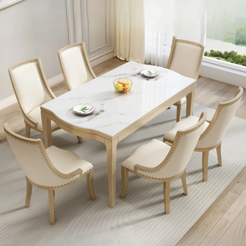 American light luxury dining table and chairs made entirely of solid wood, modern and minimalist French rectangular rock plate