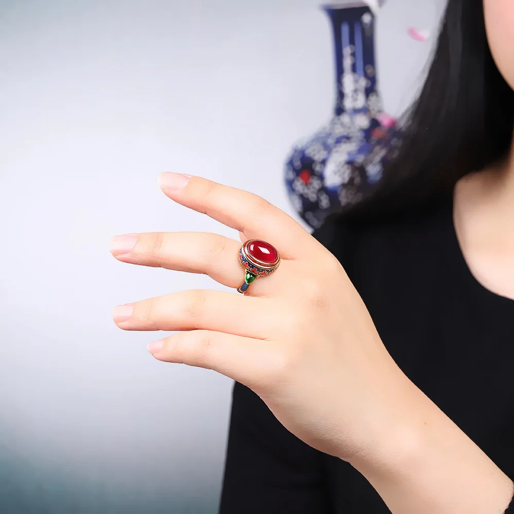 Amxiu  100% 925 Sterling Silver Enamel Color Red Corundum Ethnic Flavor  Ring Handmade Adjustable Ring Ring