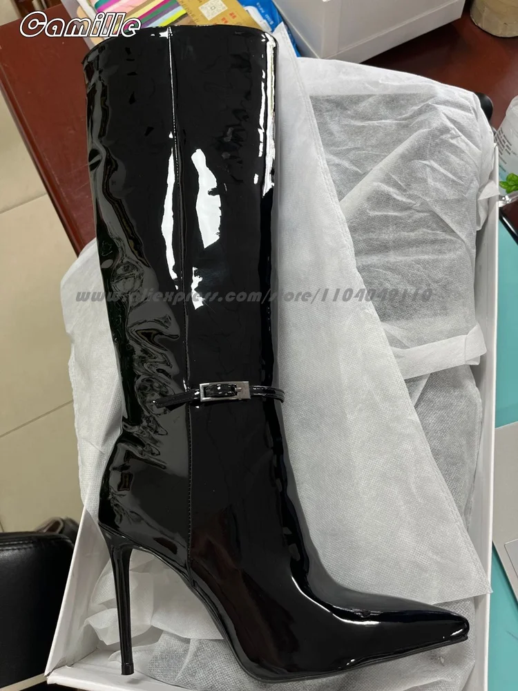 

Glossy Patent Leather Belt Buckle Decorate High Heel Boots Pointed Toe Size 35-43 Knee High Modren Boots Catwalk Style Sexy Boot