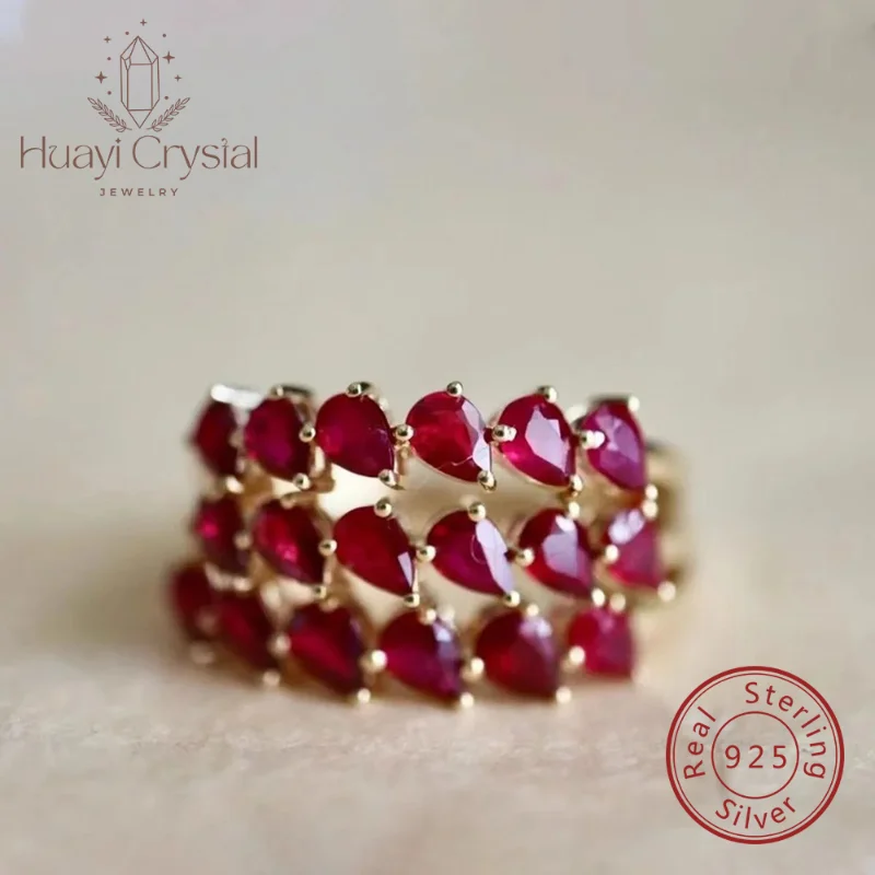 Fashion's S925 Sterling Silver Gold Plated Retro pearl cut ruby red zircon Women's Luxury elegant Daily fine jewelry