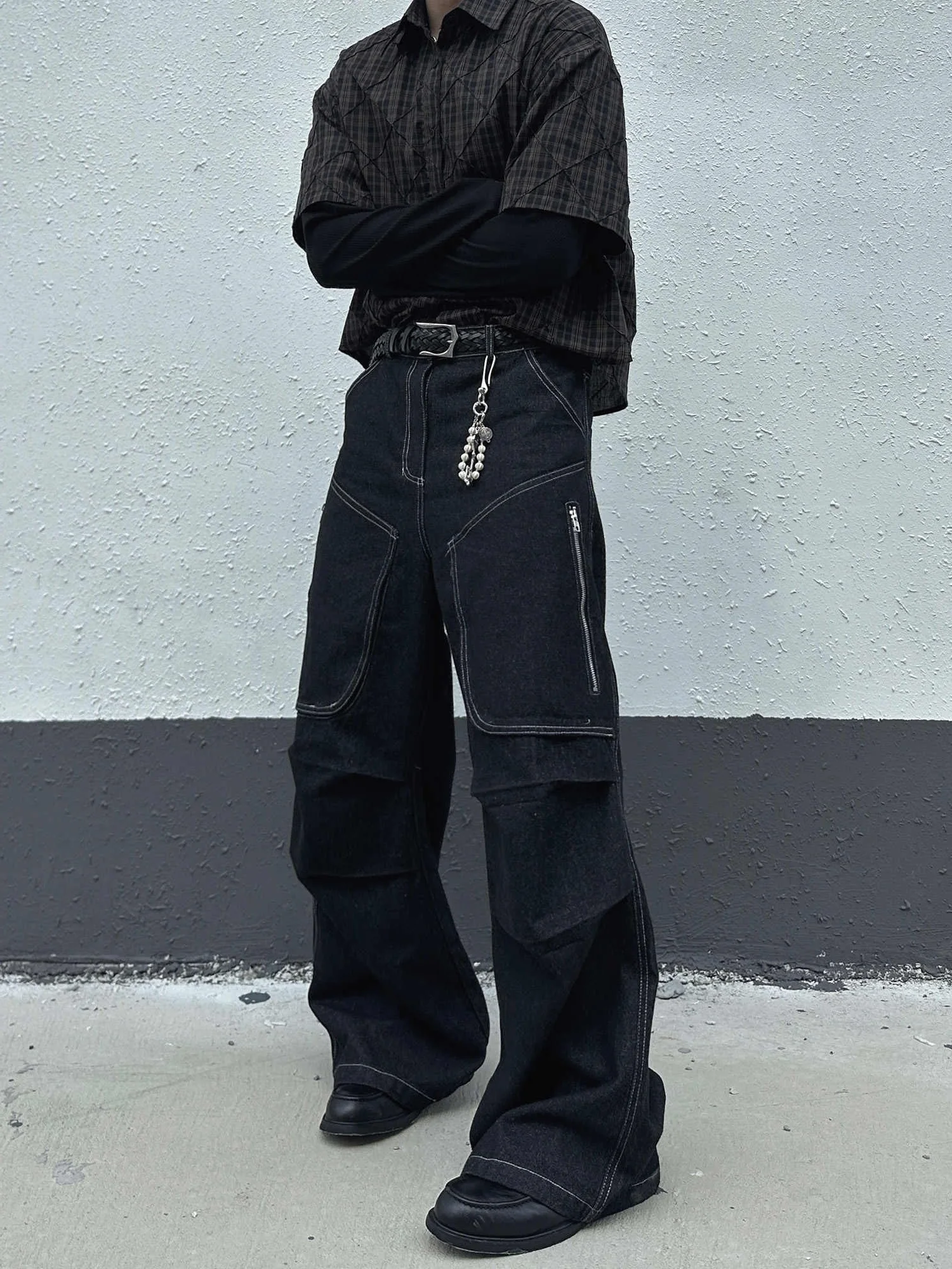 

Retro American Waed Folded Bla Workwear Jeans Men High Street Oversize Wide Leg Casual Long Pants Youth Faion