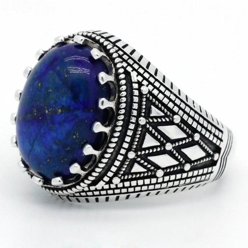 Turkish Ring for Men 925 Sterling Silver Vintage Lapis Lazuli Stone with Stripe Rings Silver Fine Jewelry to Male Husband Gift