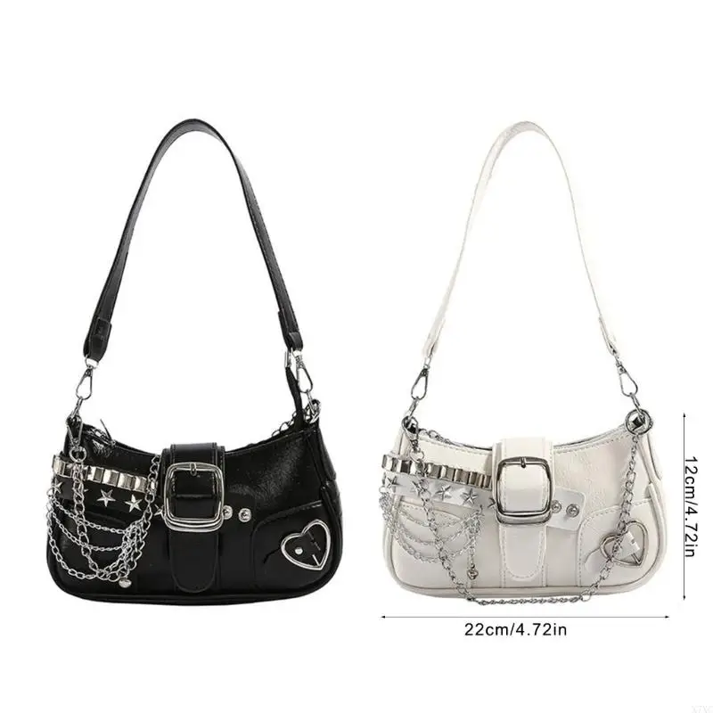 X7XC Fashionable Punk Underarm Bag Grunge PU Leather Chain Shoulder Purse for Women