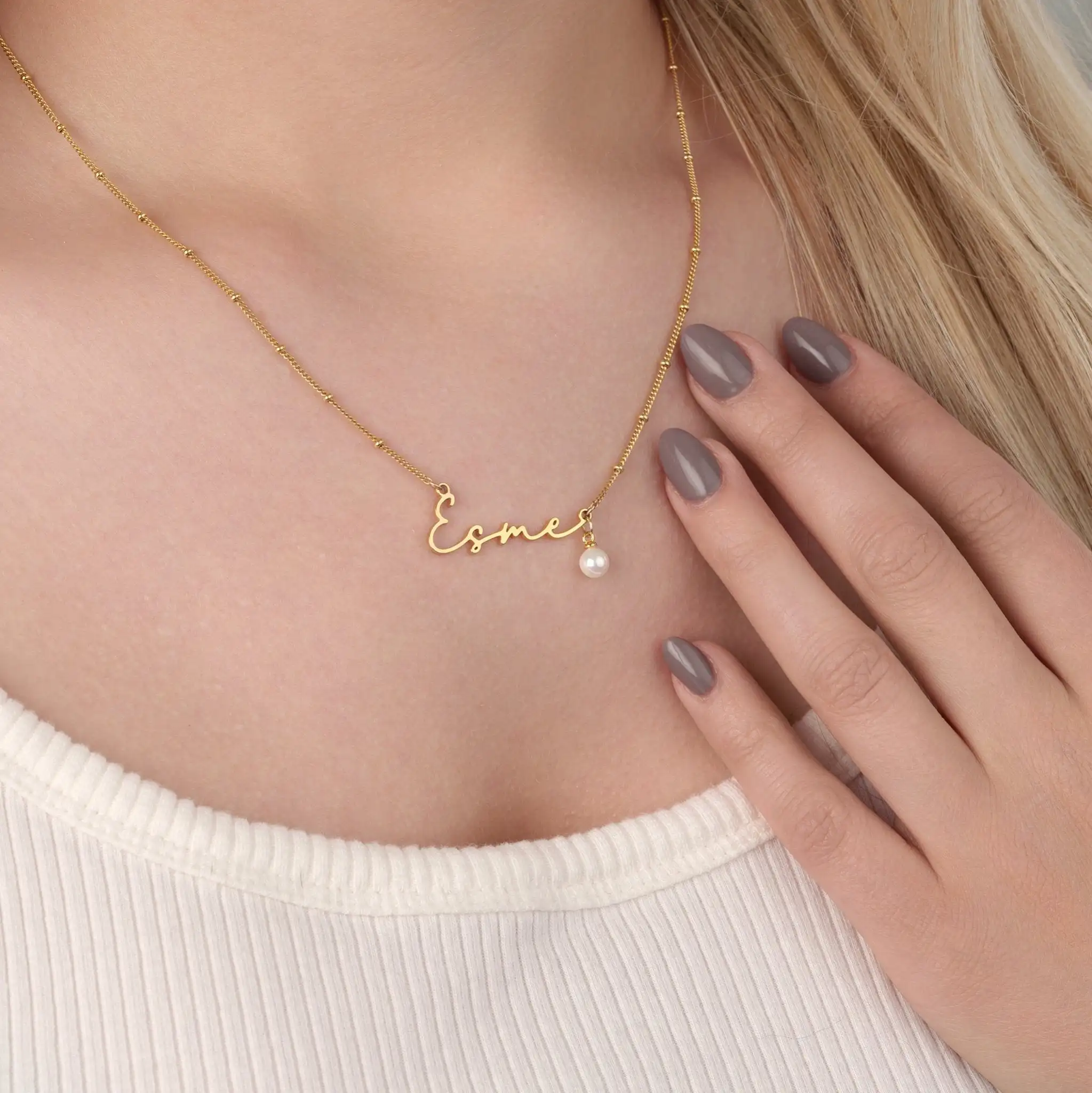 Women's Personalized Cutout Name Necklace Pearl Drop Pendant 18K Gold Plated Script Delicate Jewelry Keepsake Gift for Lover